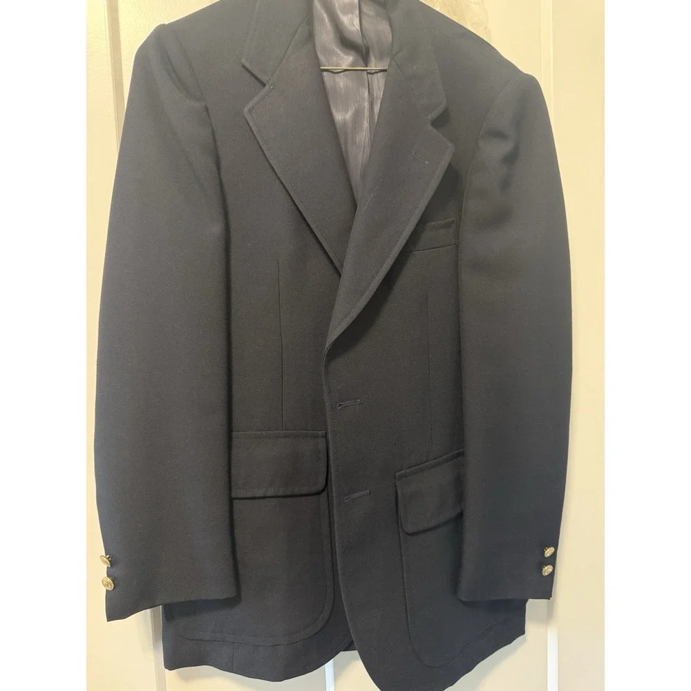 Vintage Stanley Blacker Mens Blue Notch Two Button Flap Pocket Blazer Suit 40